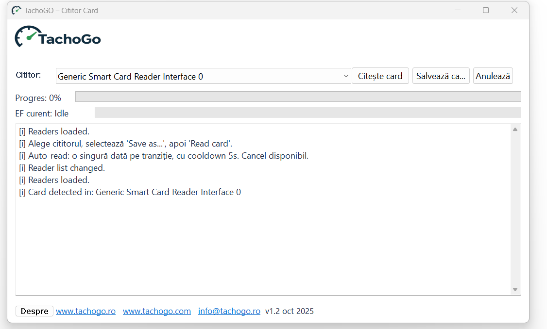 Interfață TachoGo – salvare fișiere .ddd din card